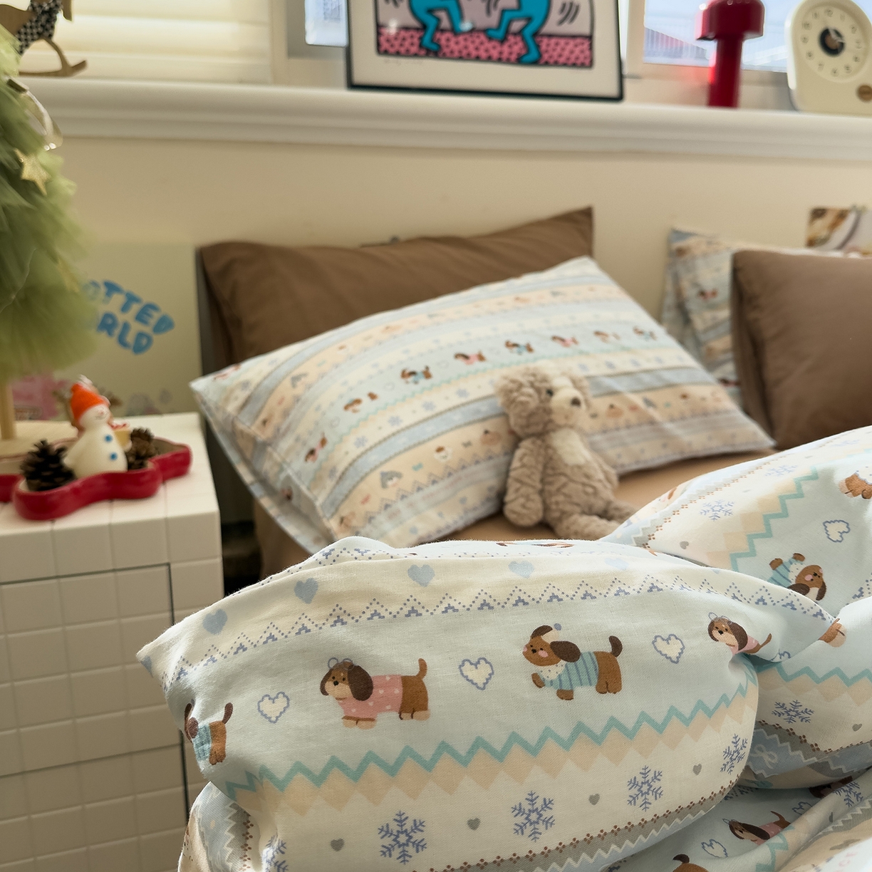 91家纺网 家纺一手货源 找家纺 呗旺鹿 2026新款全棉撞色双层纱四件套 双层纱-雪花小狗