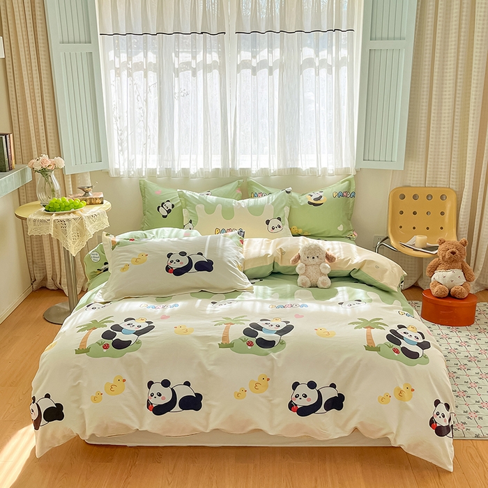 91家纺网 家纺一手货源 找家纺 花梦欣 2026新款全棉印花系列简约卡通款单被套 熊猫鸭鸭乐绿