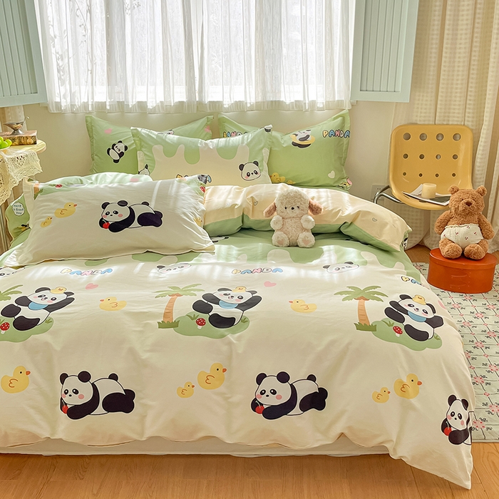 91家纺网 家纺一手货源 找家纺 花梦欣 2026新款全棉印花系列简约卡通款单被套 熊猫鸭鸭乐绿