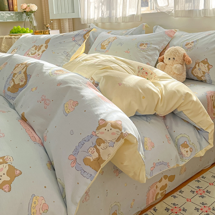 91家纺网 家纺一手货源 找家纺 花梦欣 2026新款全棉印花系列简约卡通款四件套 狸花小姐兰