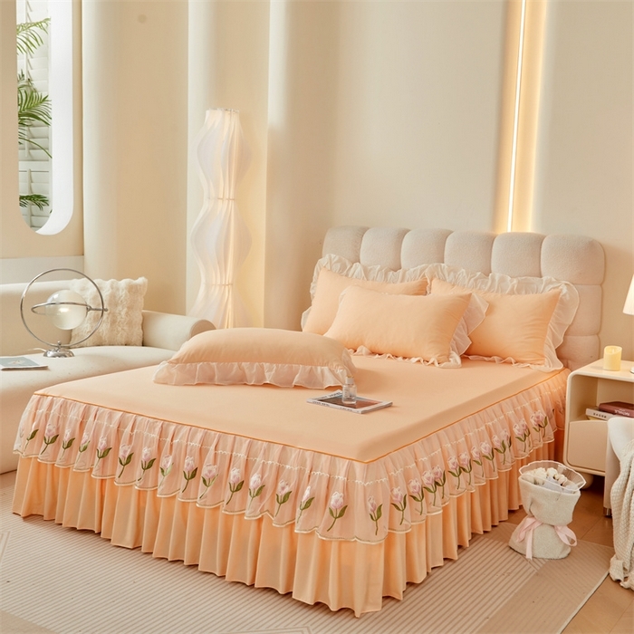 91家纺网 家纺一手货源 找家纺 （总）缦绣阁家纺 2025新款水洗棉刺绣纯色床裙三件套跨境外贸传供