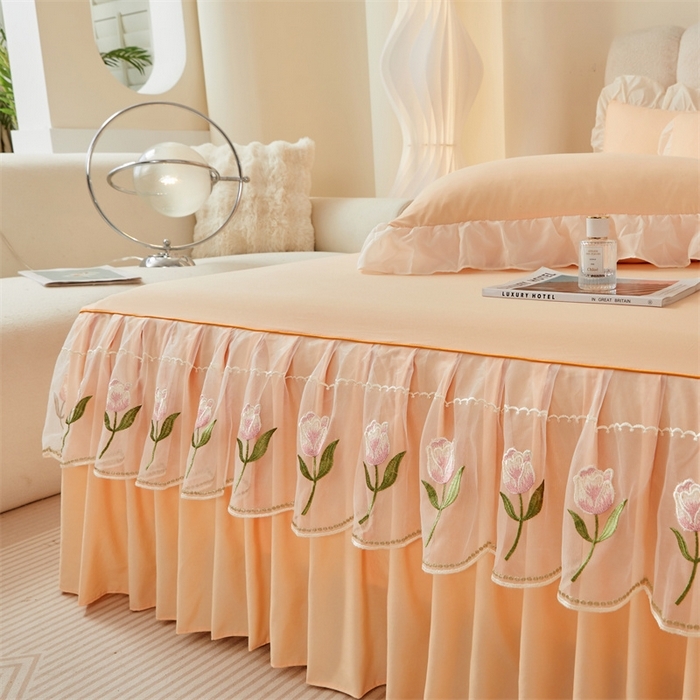 91家纺网 家纺一手货源 找家纺 （总）缦绣阁家纺 2025新款水洗棉刺绣纯色床裙三件套跨境外贸传供