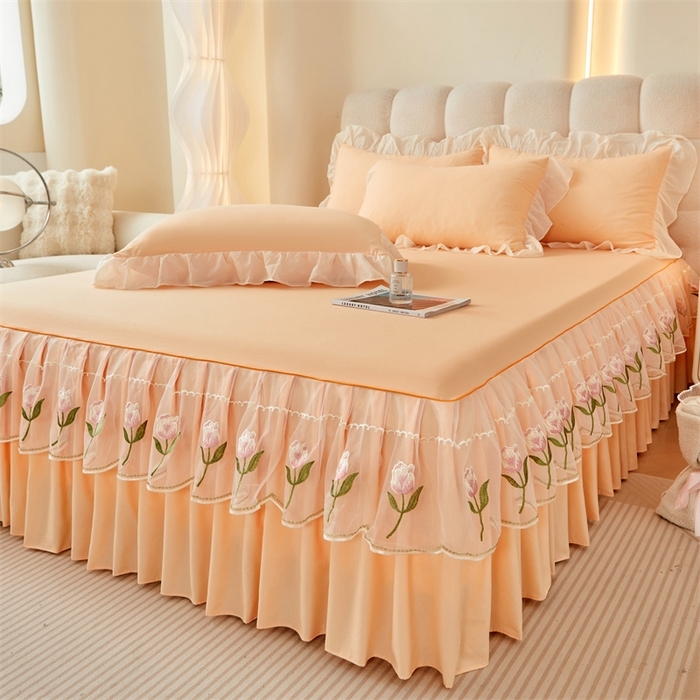 91家纺网 家纺一手货源 找家纺 （总）缦绣阁家纺 2025新款水洗棉刺绣纯色床裙三件套跨境外贸传供