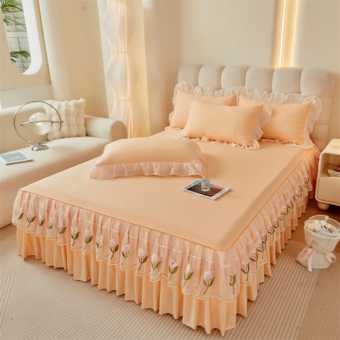 91家纺网 家纺一手货源 找家纺 （总）缦绣阁家纺 2025新款水洗棉刺绣纯色床裙三件套跨境外贸传供