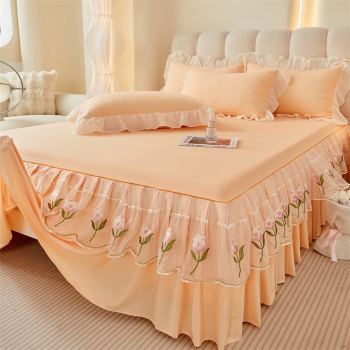 91家纺网 家纺一手货源 找家纺 （总）缦绣阁家纺 2025新款水洗棉刺绣纯色床裙三件套跨境外贸传供