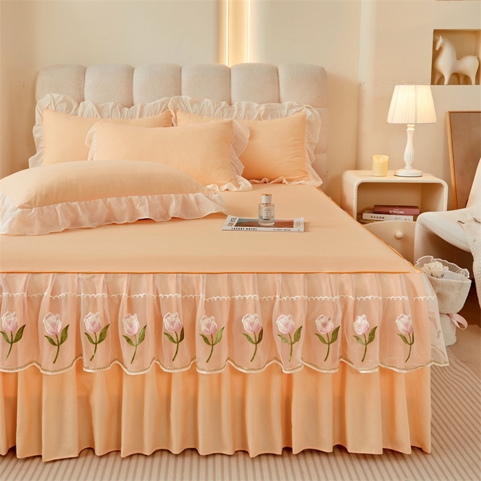 91家纺网 家纺一手货源 找家纺 （总）缦绣阁家纺 2025新款水洗棉刺绣纯色床裙三件套跨境外贸传供