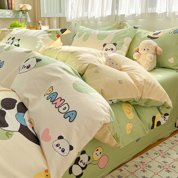 91家纺网 家纺一手货源 找家纺 花梦欣 2026新款全棉印花系列简约卡通款四件套 熊猫鸭鸭乐绿