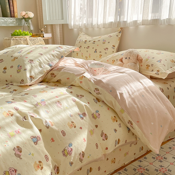 91家纺网 家纺一手货源 找家纺 花梦欣 2026新款全棉印花系列简约卡通款四件套 韩系小萌物