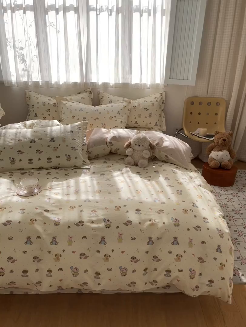 91家纺网 家纺一手货源 找家纺 花梦欣 2026新款全棉印花系列简约卡通款四件套 韩系小萌物