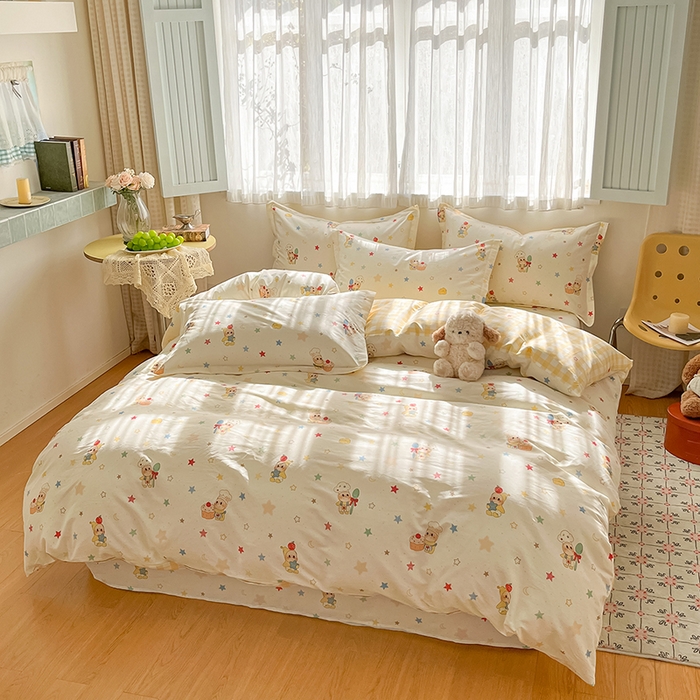 91家纺网 家纺一手货源 找家纺 花梦欣 2026新款全棉印花系列简约卡通款四件套 快乐小星