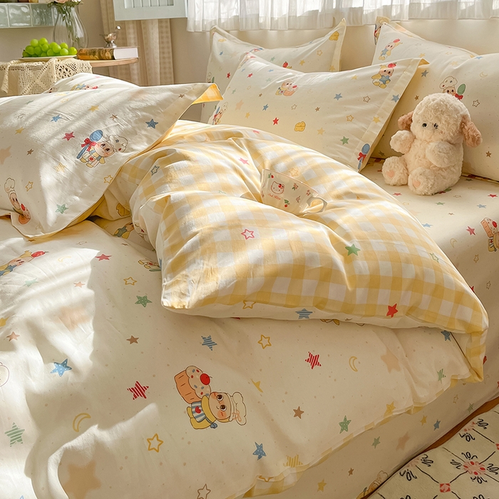 91家纺网 家纺一手货源 找家纺 花梦欣 2026新款全棉印花系列简约卡通款四件套 快乐小星