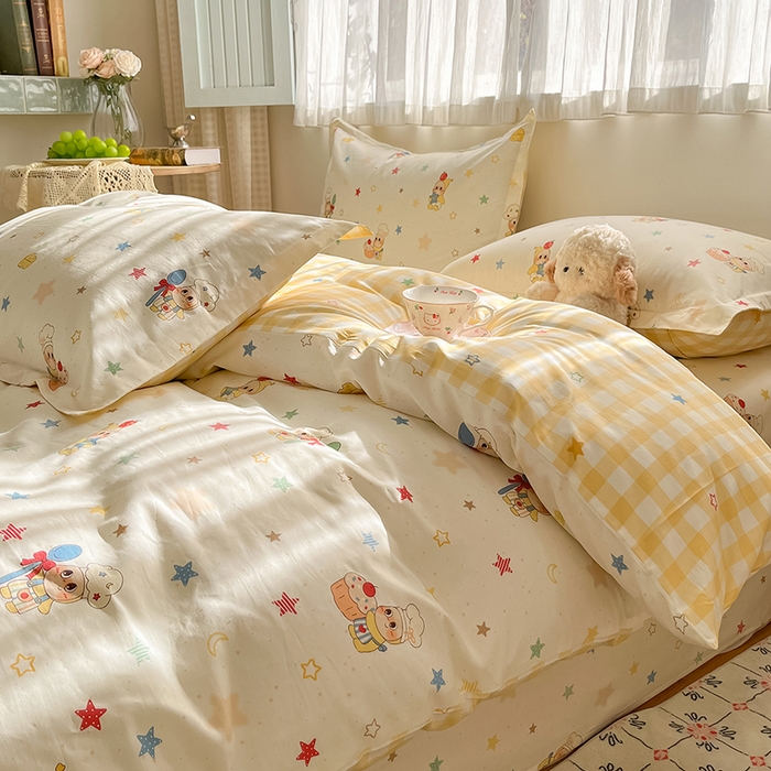 91家纺网 家纺一手货源 找家纺 花梦欣 2026新款全棉印花系列简约卡通款四件套 快乐小星