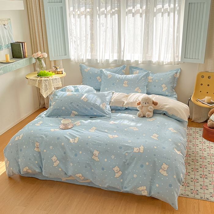 91家纺网 家纺一手货源 找家纺 花梦欣 2026新款全棉印花系列简约卡通款四件套 蓝色泡芙狗