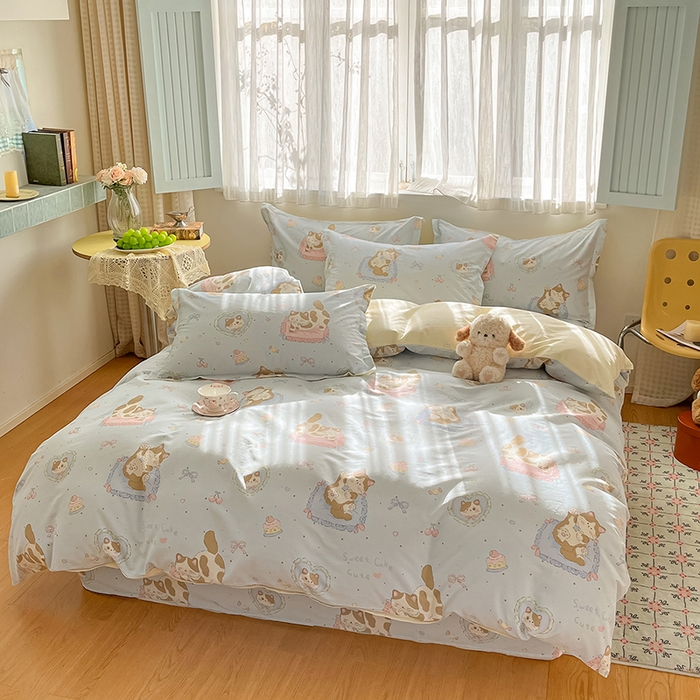 91家纺网 家纺一手货源 找家纺 花梦欣 2026新款全棉印花系列简约卡通款四件套 狸花小姐兰