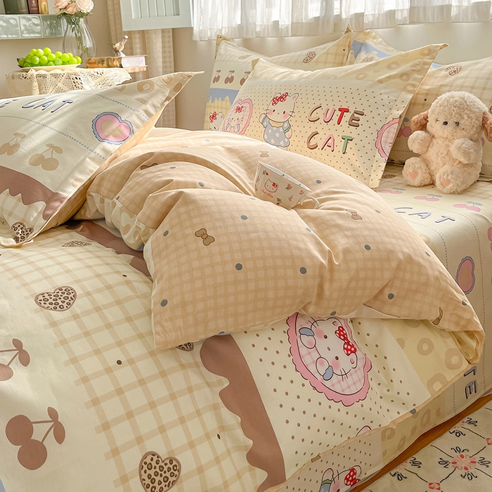 91家纺网 家纺一手货源 找家纺 花梦欣 2026新款全棉印花系列简约卡通款四件套 萌萌凯蒂