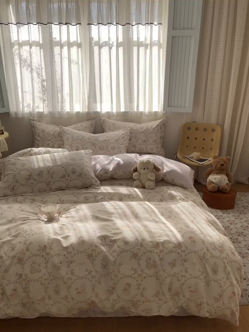 91家纺网 家纺一手货源 找家纺 花梦欣 2026新款全棉印花系列简约卡通款四件套 童话花町