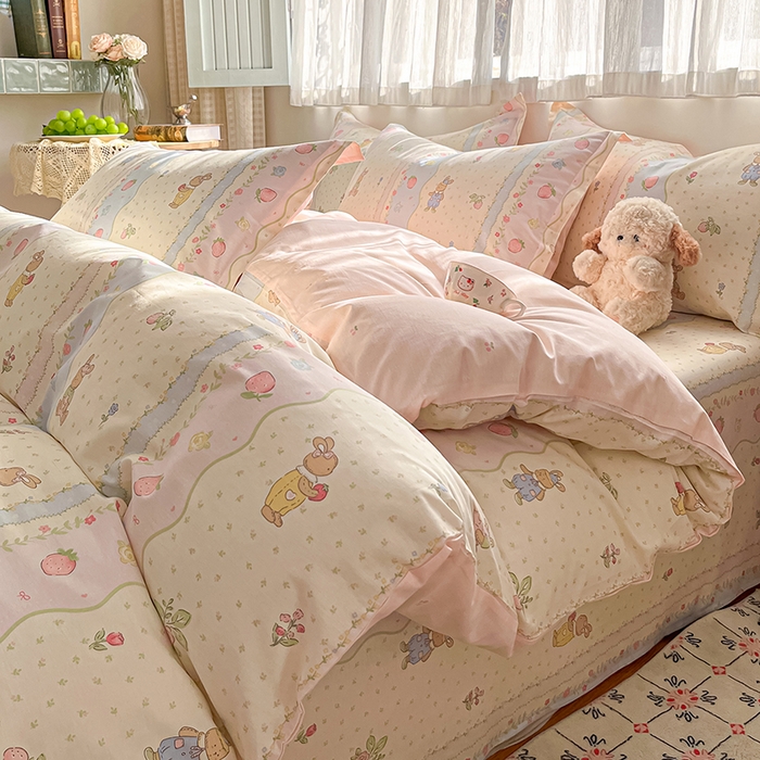 花梦欣 2026新款全棉印花系列简约卡通款四件套 兔子草莓园