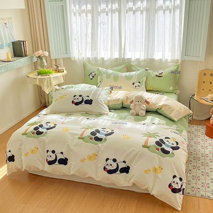 91家纺网 家纺一手货源 找家纺 花梦欣 2026新款全棉印花系列简约卡通款四件套 熊猫鸭鸭乐绿