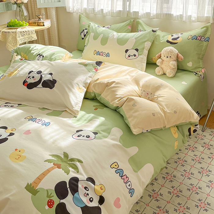 91家纺网 家纺一手货源 找家纺 花梦欣 2026新款全棉印花系列简约卡通款四件套 熊猫鸭鸭乐绿