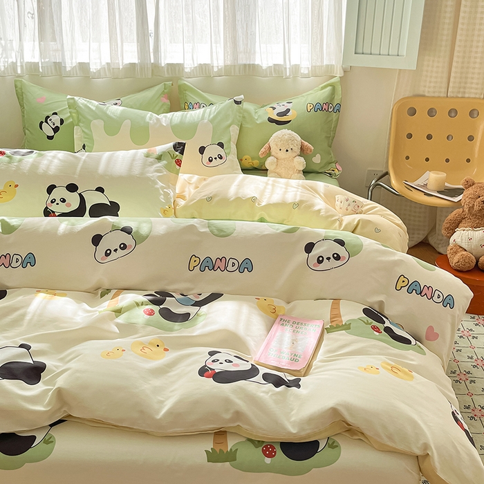 91家纺网 家纺一手货源 找家纺 花梦欣 2026新款全棉印花系列简约卡通款四件套 熊猫鸭鸭乐绿