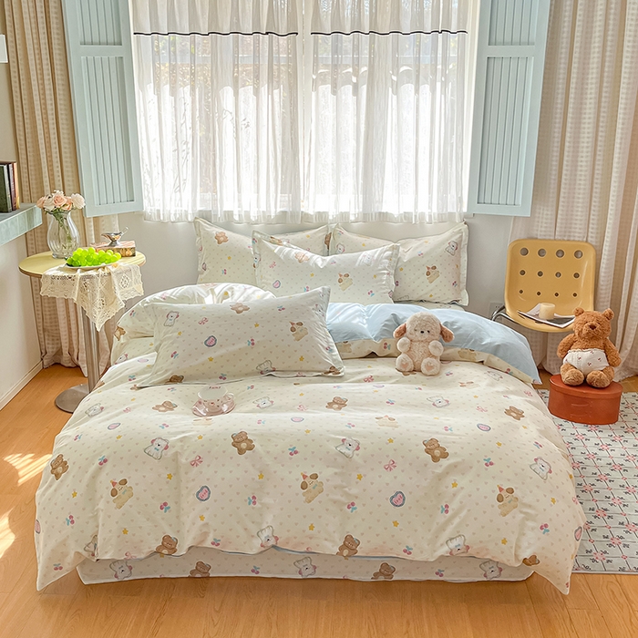 91家纺网 家纺一手货源 找家纺 花梦欣 2026新款全棉印花系列简约卡通款四件套 芋泥小狗