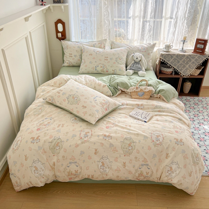 91家纺网 家纺一手货源 找家纺 （总）妖妖家纺 2026新款敲可爱的奶呼呼云感双层纱简约四件套系列