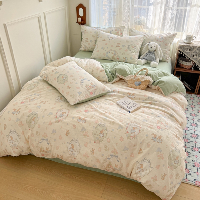 91家纺网 家纺一手货源 找家纺 （总）妖妖家纺 2026新款敲可爱的奶呼呼云感双层纱简约四件套系列