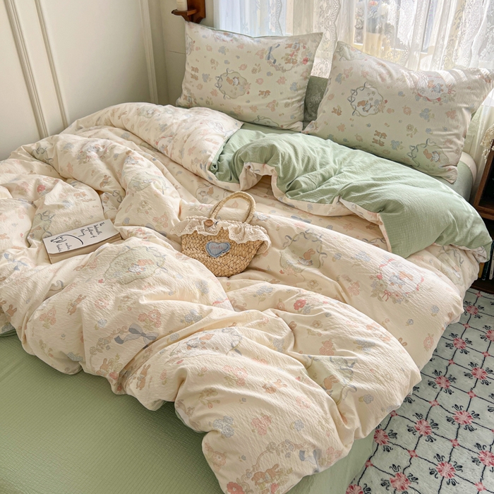 91家纺网 家纺一手货源 找家纺 （总）妖妖家纺 2026新款敲可爱的奶呼呼云感双层纱简约四件套系列