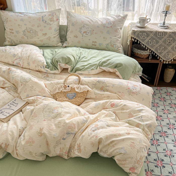 91家纺网 家纺一手货源 找家纺 （总）妖妖家纺 2026新款敲可爱的奶呼呼云感双层纱简约四件套系列