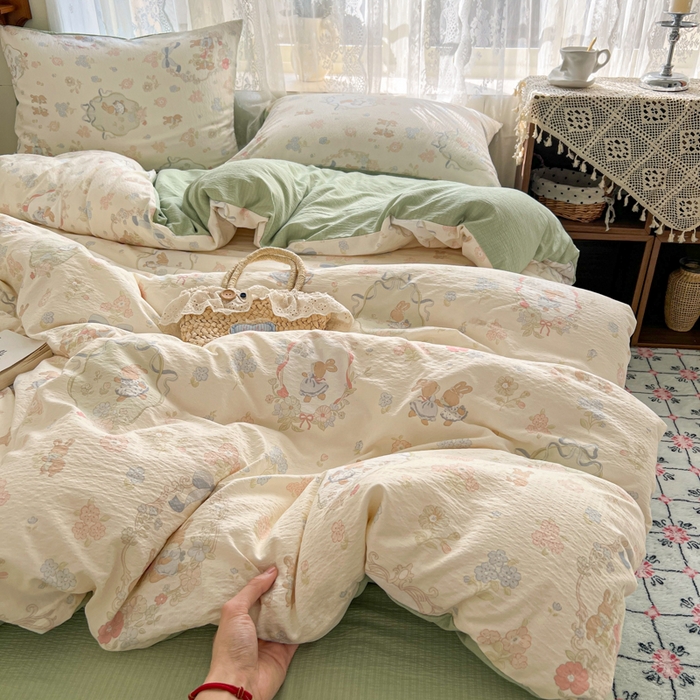 91家纺网 家纺一手货源 找家纺 （总）妖妖家纺 2026新款敲可爱的奶呼呼云感双层纱简约四件套系列