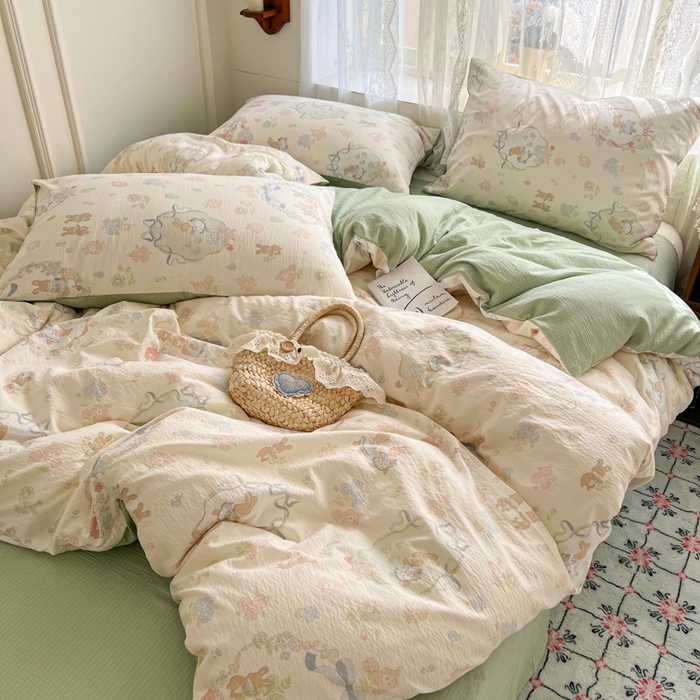 91家纺网 家纺一手货源 找家纺 （总）妖妖家纺 2026新款敲可爱的奶呼呼云感双层纱简约四件套系列