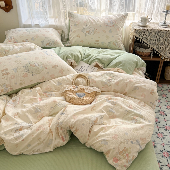 91家纺网 家纺一手货源 找家纺 （总）妖妖家纺 2026新款敲可爱的奶呼呼云感双层纱简约四件套系列