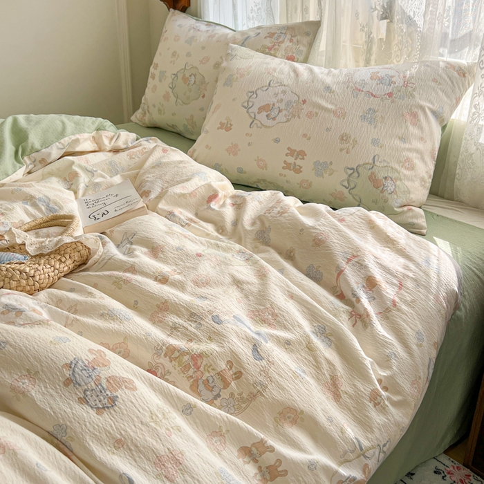 91家纺网 家纺一手货源 找家纺 （总）妖妖家纺 2026新款敲可爱的奶呼呼云感双层纱简约四件套系列