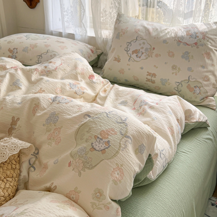 91家纺网 家纺一手货源 找家纺 （总）妖妖家纺 2026新款敲可爱的奶呼呼云感双层纱简约四件套系列