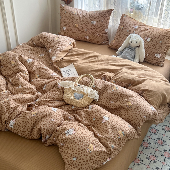 91家纺网 家纺一手货源 找家纺 妖妖家纺 2026新款敲可爱的奶呼呼云感双层纱简约四件套系列 豹豹猫猫-棕