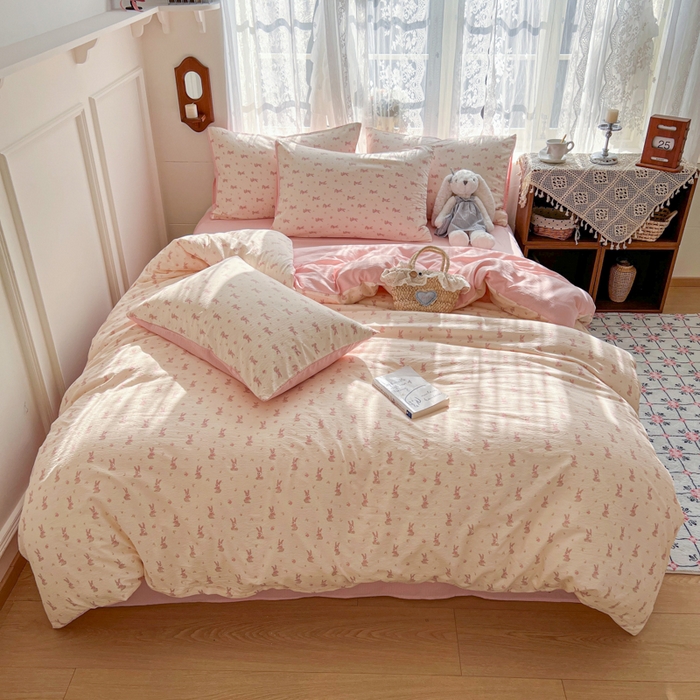 妖妖家纺 2026新款敲可爱的奶呼呼云感双层纱简约四件套系列 花漾兔踪