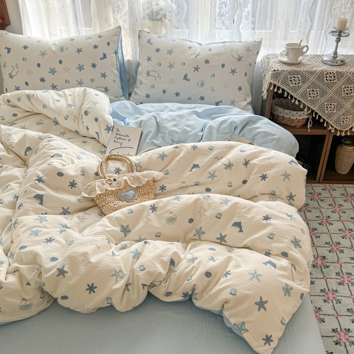 91家纺网 家纺一手货源 找家纺 妖妖家纺 2026新款敲可爱的奶呼呼云感双层纱简约四件套系列 浪沫星光