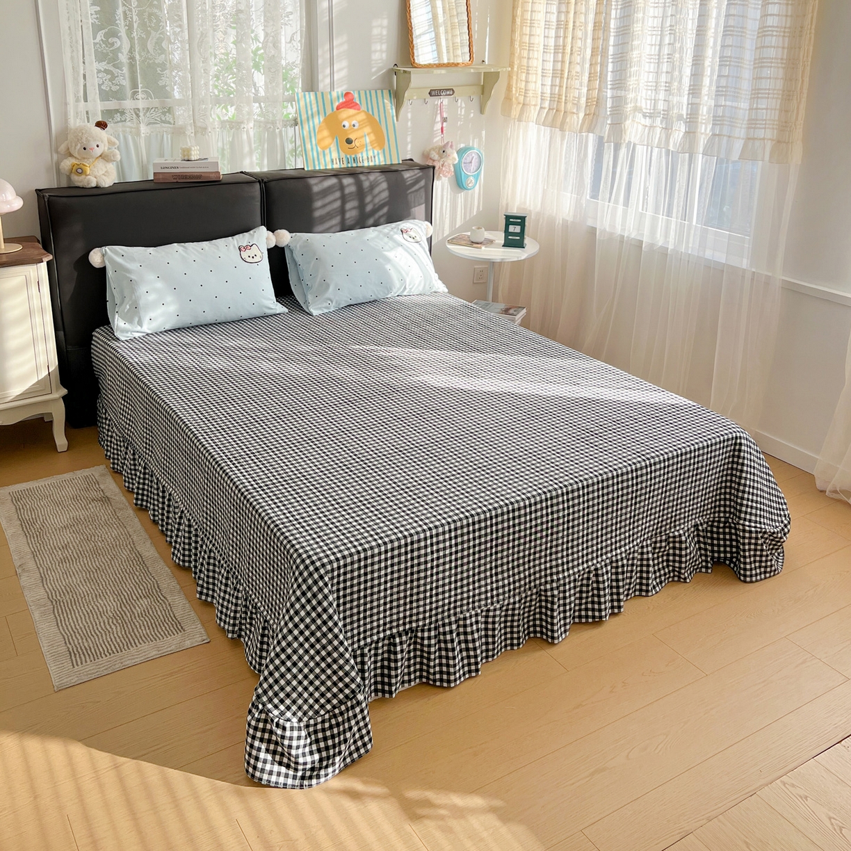 91家纺网 家纺一手货源 找家纺 （总）富米莱（原臻工厂） 2026新款水洗棉波点毛巾绣黑格球球款床盖床裙四件套