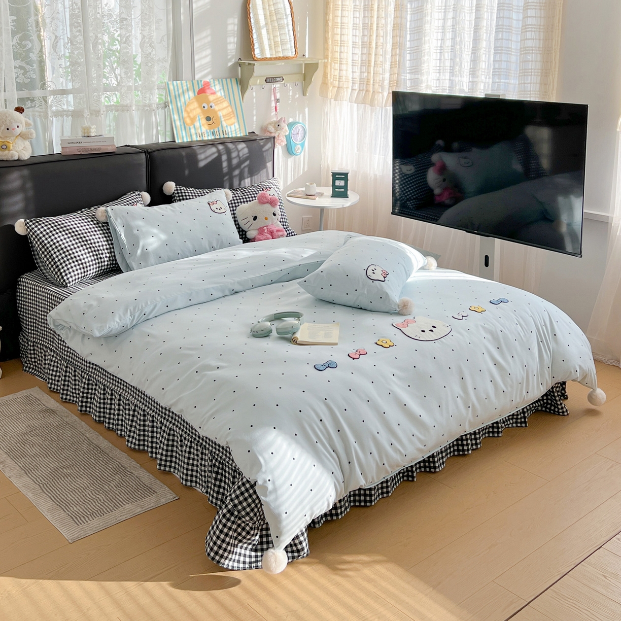 91家纺网 家纺一手货源 找家纺 （总）富米莱（原臻工厂） 2026新款水洗棉波点毛巾绣黑格球球款床盖床裙四件套