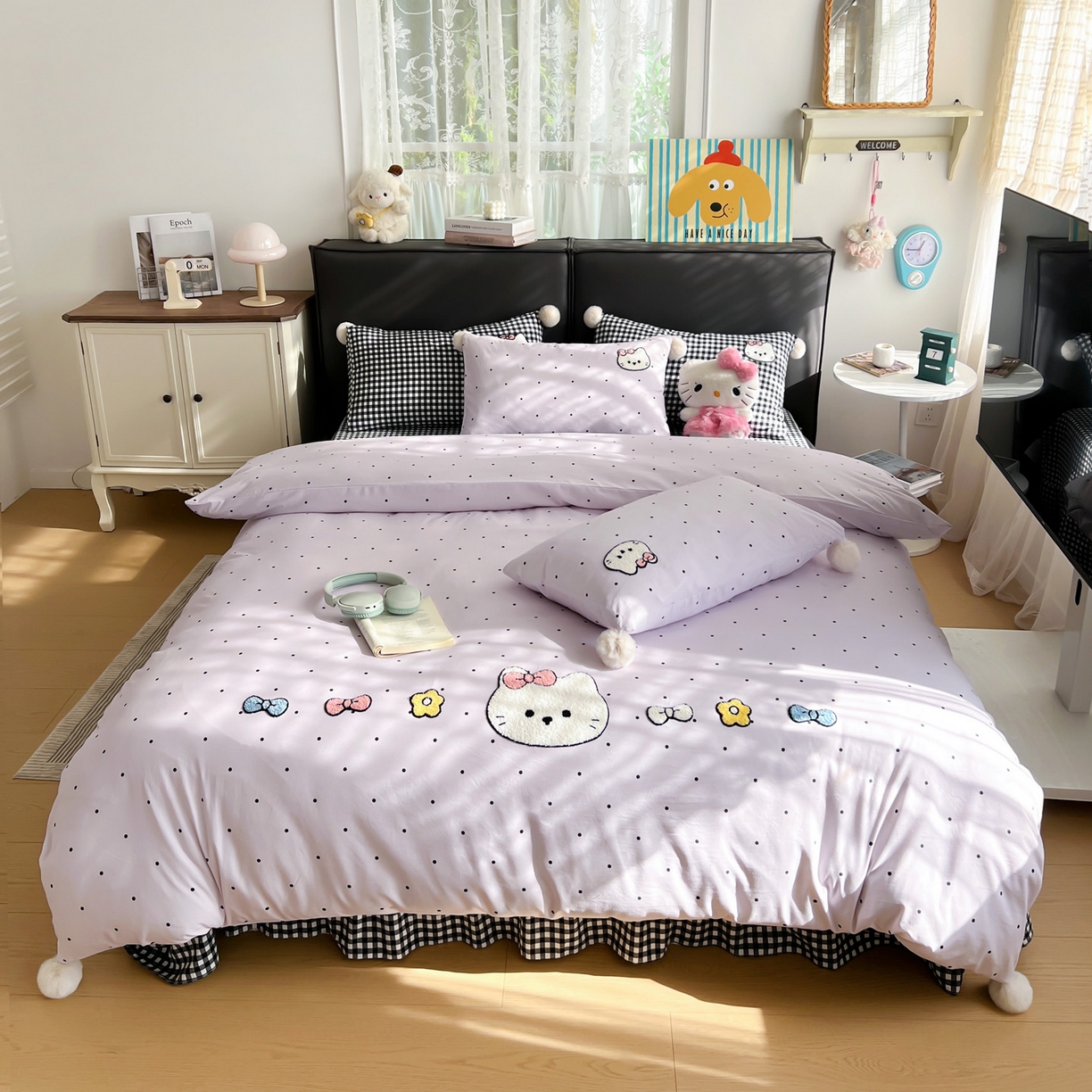 富米莱（原臻工厂） 2026新款水洗棉波点毛巾绣黑格球球款床盖床裙四件套 幸福猫咪-紫