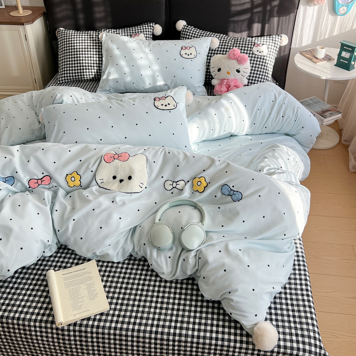 91家纺网 家纺一手货源 找家纺 （总）富米莱（原臻工厂） 2026新款水洗棉波点毛巾绣黑格球球款床盖床裙四件套