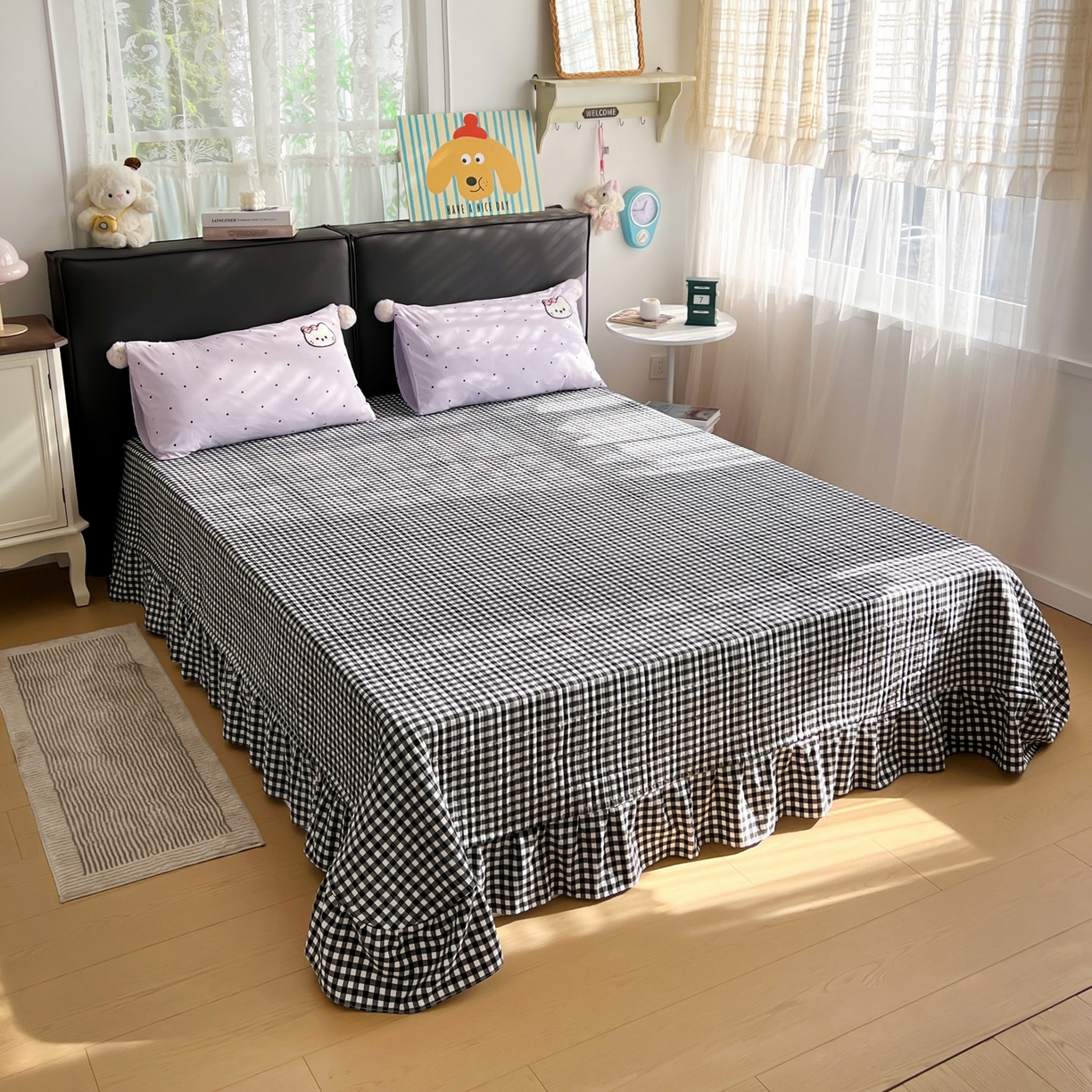 91家纺网 家纺一手货源 找家纺 富米莱（原臻工厂） 2026新款水洗棉波点毛巾绣黑格球球款床盖床裙四件套 幸福猫咪-紫