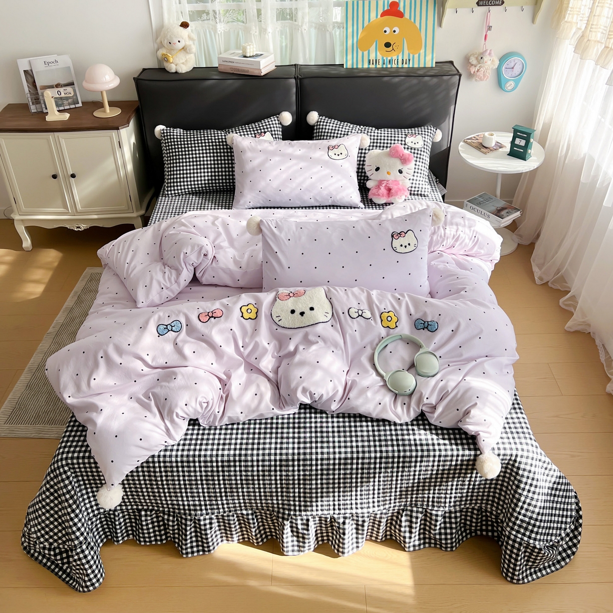 91家纺网 家纺一手货源 找家纺 富米莱（原臻工厂） 2026新款水洗棉波点毛巾绣黑格球球款床盖床裙四件套 幸福猫咪-紫