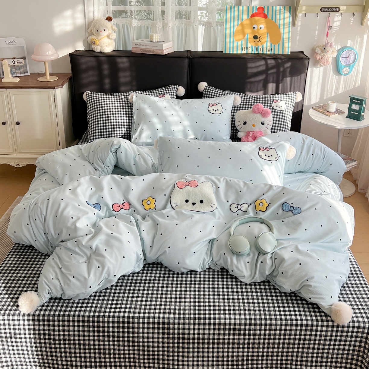 91家纺网 家纺一手货源 找家纺 （总）富米莱（原臻工厂） 2026新款水洗棉波点毛巾绣黑格球球款床盖床裙四件套