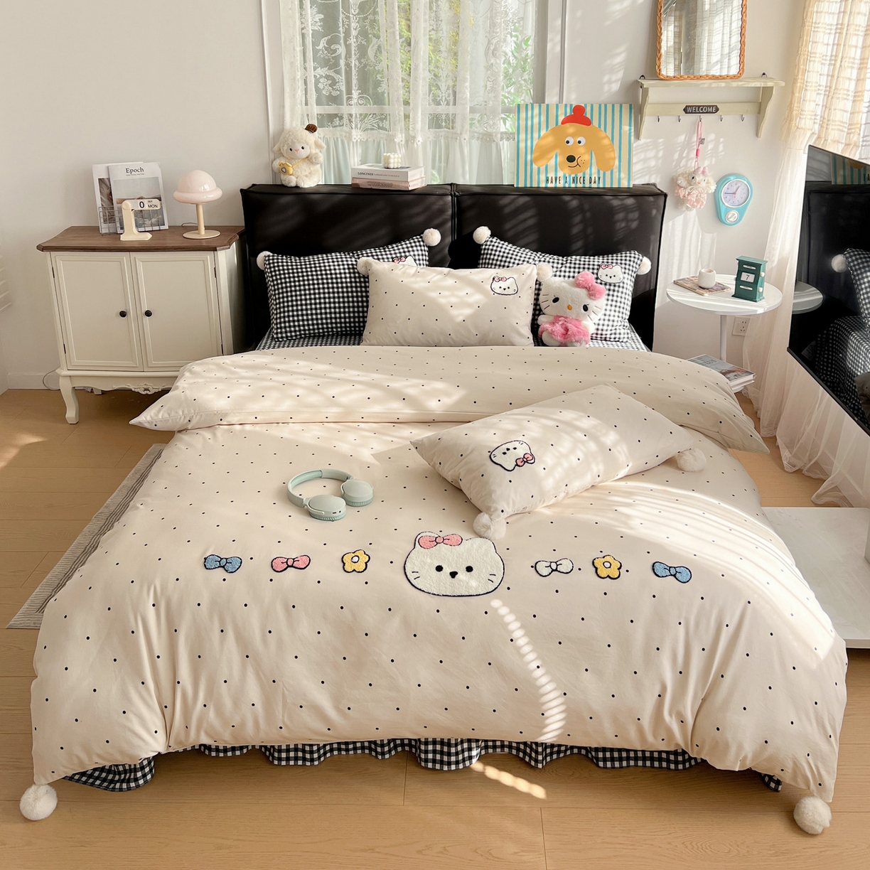 富米莱（原臻工厂） 2026新款水洗棉波点毛巾绣黑格球球款床盖床裙四件套 幸福猫咪-米