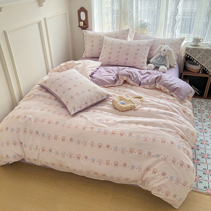 91家纺网 家纺一手货源 找家纺 妖妖家纺 2026新款敲可爱的奶呼呼云感双层纱简约四件套系列 乐悠派对