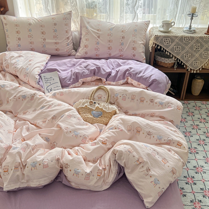 91家纺网 家纺一手货源 找家纺 妖妖家纺 2026新款敲可爱的奶呼呼云感双层纱简约四件套系列 乐悠派对