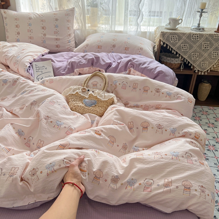 91家纺网 家纺一手货源 找家纺 妖妖家纺 2026新款敲可爱的奶呼呼云感双层纱简约四件套系列 乐悠派对