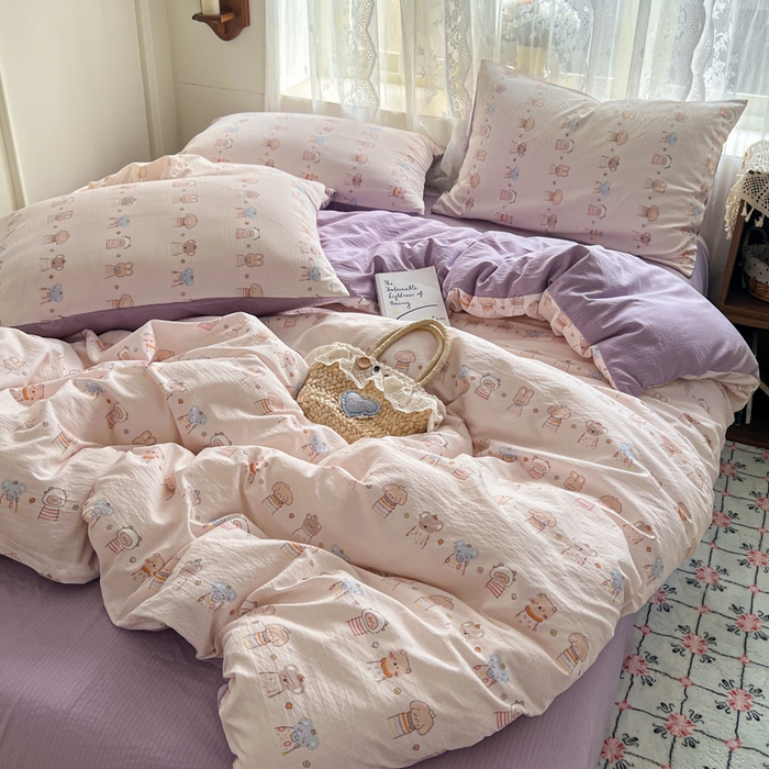 91家纺网 家纺一手货源 找家纺 妖妖家纺 2026新款敲可爱的奶呼呼云感双层纱简约四件套系列 乐悠派对