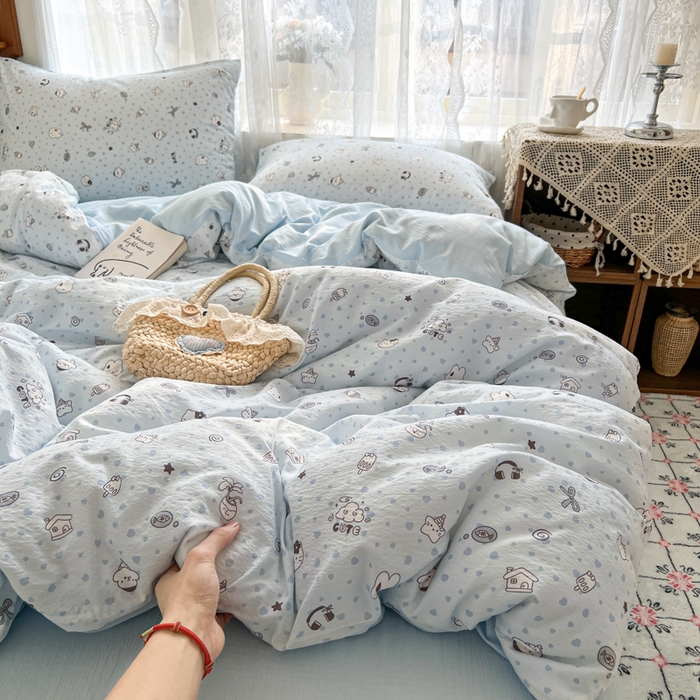 91家纺网 家纺一手货源 找家纺 妖妖家纺 2026新款敲可爱的奶呼呼云感双层纱简约四件套系列 萌宝乖乖